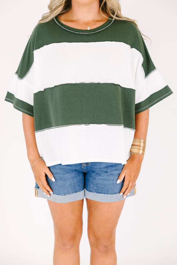 Plus Size army green and white wide-striped oversized tee with raw-edge seams and short sleeves.