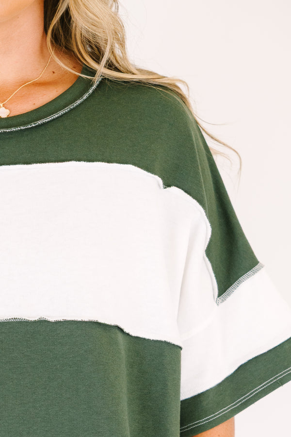 Plus Size army green and white wide-striped oversized tee with raw-edge seams and short sleeves.