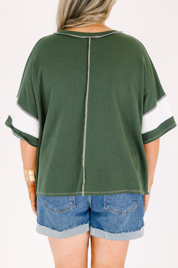 Plus Size army green and white wide-striped oversized tee with raw-edge seams and short sleeves.