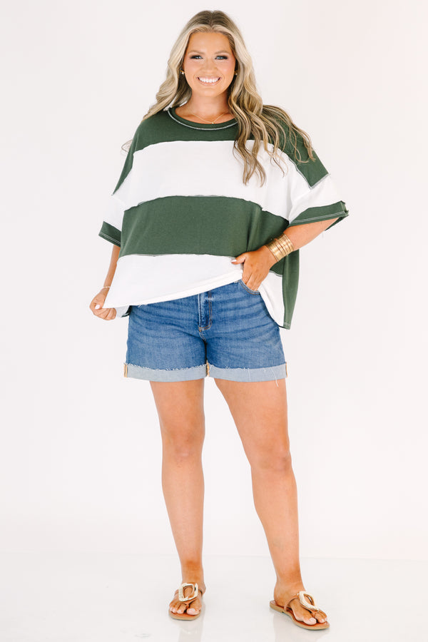 Plus Size army green and white wide-striped oversized tee with raw-edge seams and short sleeves.