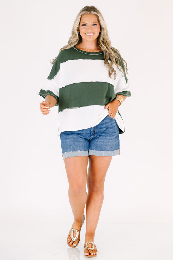 Plus Size army green and white wide-striped oversized tee with raw-edge seams and short sleeves.