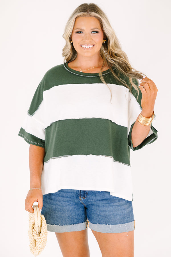 Plus Size army green and white wide-striped oversized tee with raw-edge seams and short sleeves.