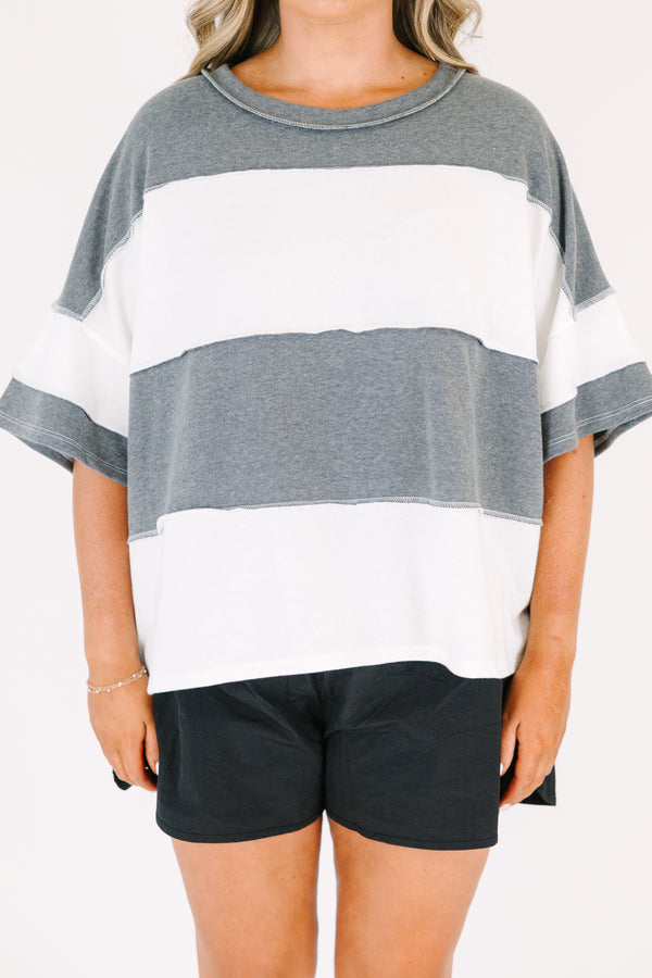 Plus Size charcoal and white wide-striped oversized tee with raw-edge seams and short sleeves.