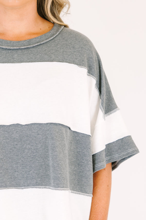 Plus Size charcoal and white wide-striped oversized tee with raw-edge seams and short sleeves.