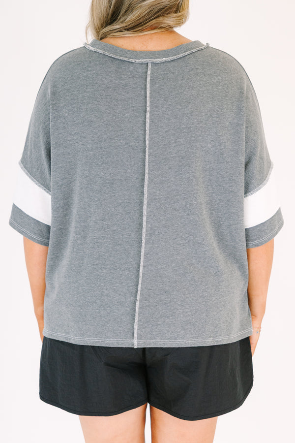 Plus Size charcoal and white wide-striped oversized tee with raw-edge seams and short sleeves.