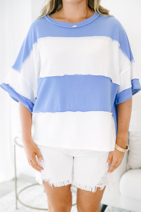 Plus Size cornflower blue and white wide-striped tee with raw-edge seams 