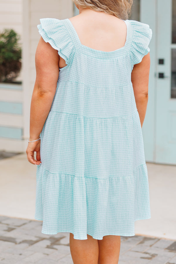 Chic Soul plus size clothing, mint blue and white gingham pattern tiered flowy dress with flutter sleeves