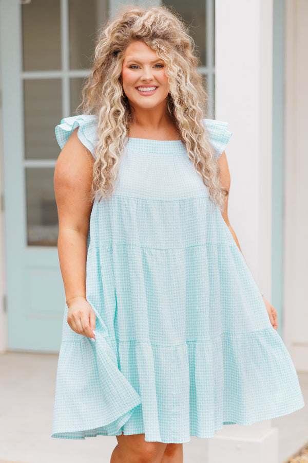Chic Soul plus size clothing, mint blue and white gingham pattern tiered flowy dress with flutter sleeves