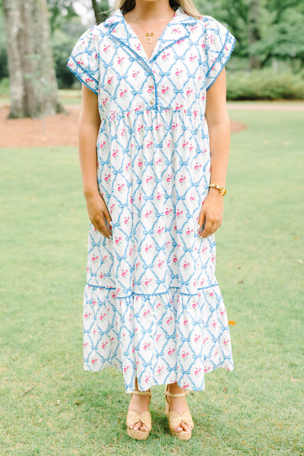 Plus Size white maxi dress with blue bow lattice and pink floral print, featuring a collared neck.