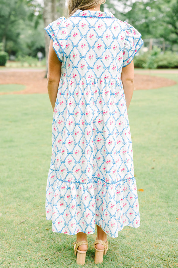 Plus Size white maxi dress with blue bow lattice and pink floral print, featuring a collared neck.