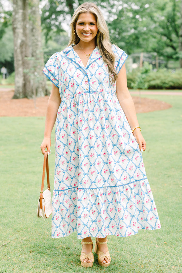 Plus Size white maxi dress with blue bow lattice and pink floral print, featuring a collared neck.
