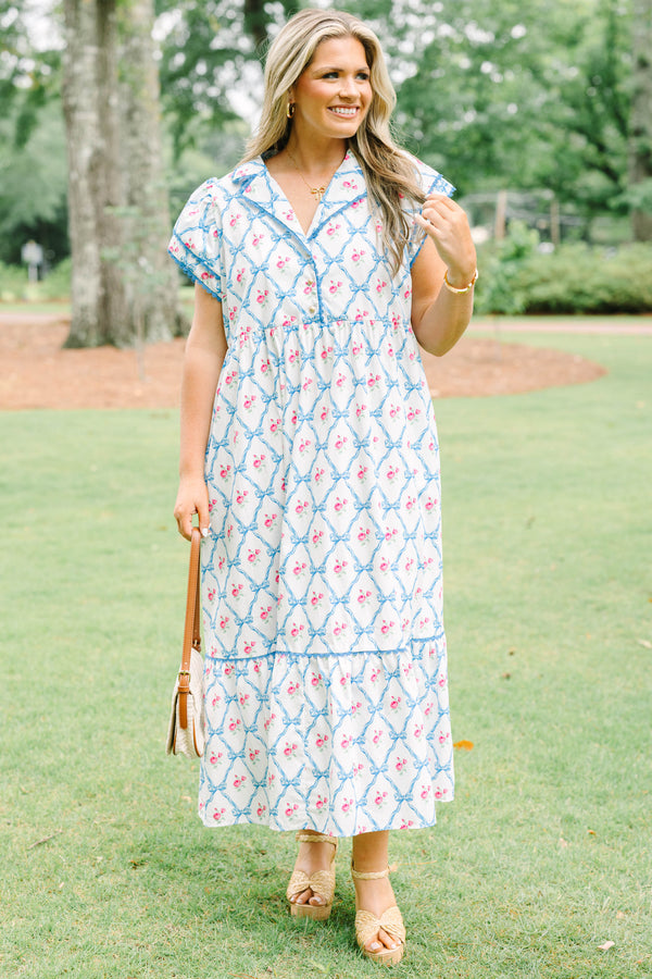 Plus Size white maxi dress with blue bow lattice and pink floral print, featuring a collared neck.