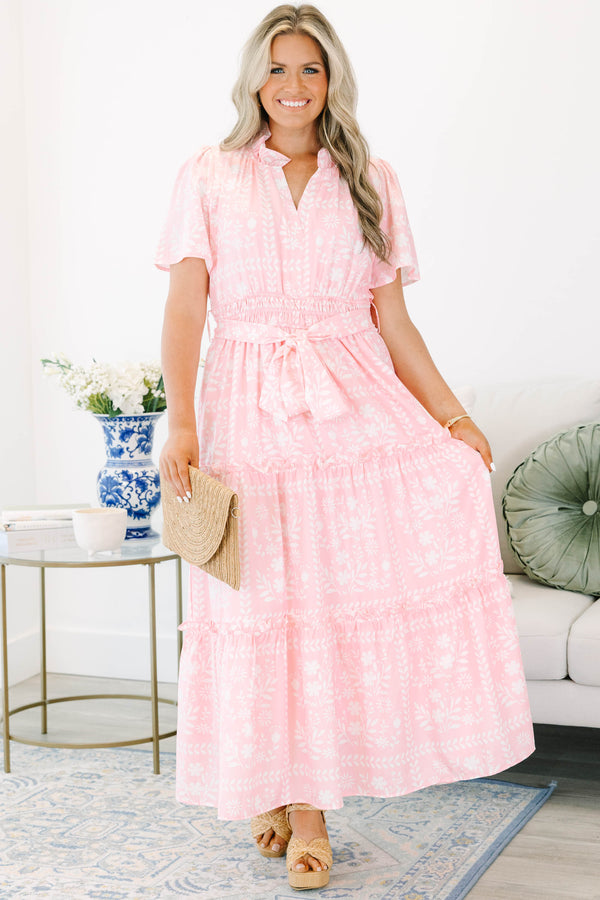 Plus Size baby pink floral tiered maxi dress with a split v-neck, smocked waist, and sash.