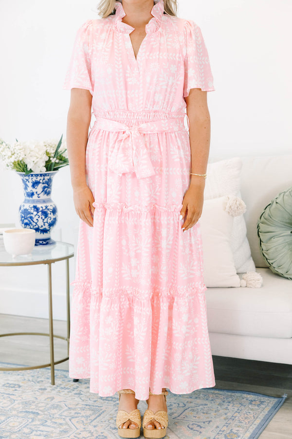 Plus Size baby pink floral tiered maxi dress with a split v-neck, smocked waist, and sash.