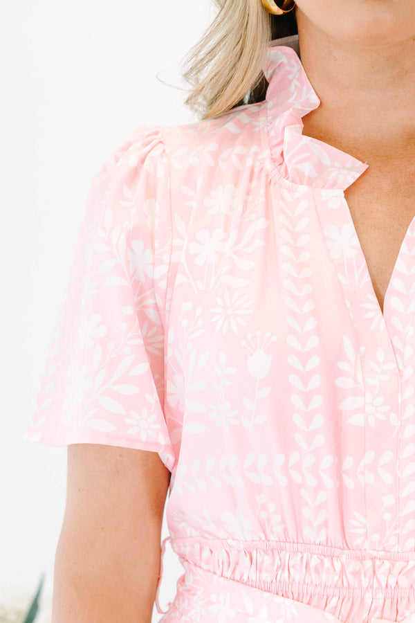 Plus Size baby pink floral tiered maxi dress with a split v-neck, smocked waist, and sash.