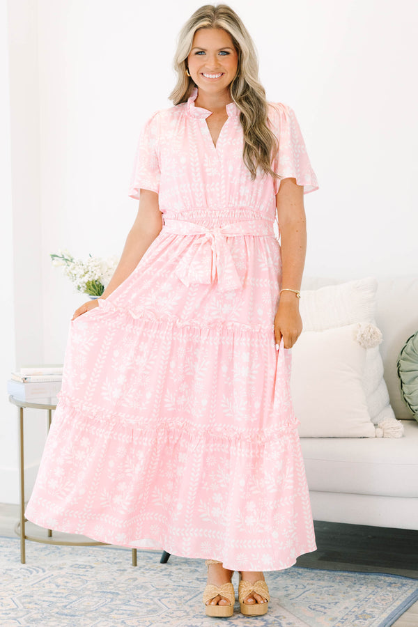 Plus Size baby pink floral tiered maxi dress with a split v-neck, smocked waist, and sash.