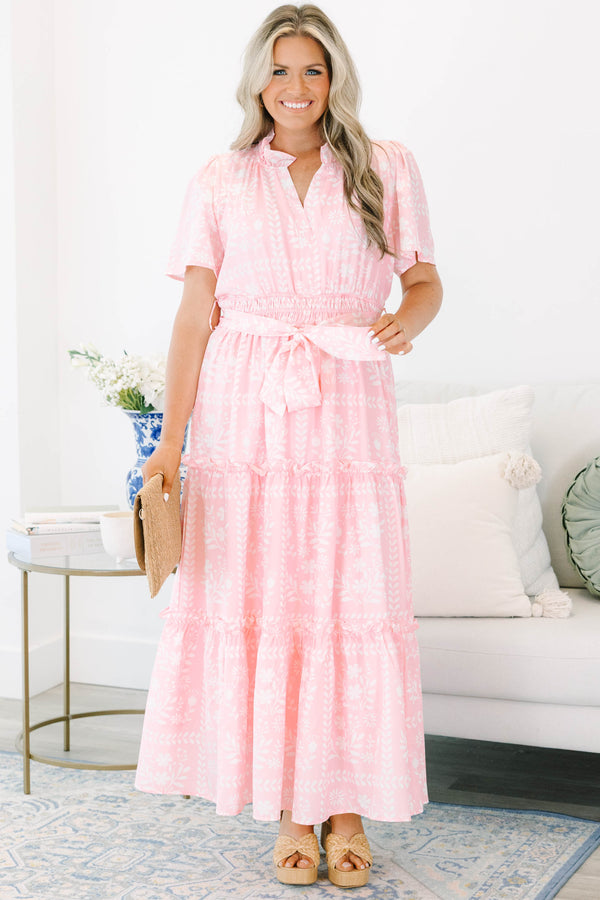 Plus Size baby pink floral tiered maxi dress with a split v-neck, smocked waist, and sash.