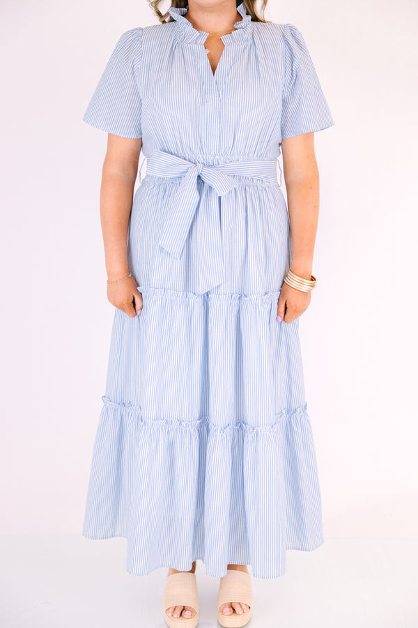 Chic Soul plus size clothing, light blue and white pin stripe short bell sleeve tiered maxi dress with bow tie waist 