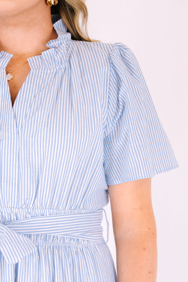 Chic Soul plus size clothing, light blue and white pin stripe short bell sleeve tiered maxi dress with bow tie waist 