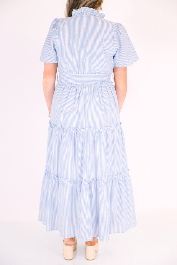 Chic Soul plus size clothing, light blue and white pin stripe short bell sleeve tiered maxi dress with bow tie waist 