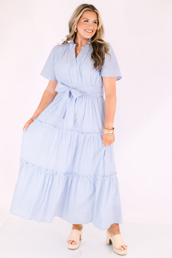 Chic Soul plus size clothing, light blue and white pin stripe short bell sleeve tiered maxi dress with bow tie waist 