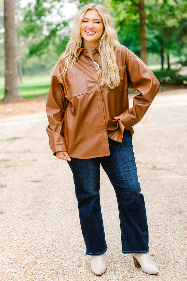 Chic Soul plus size clothing, brown leather long sleeve button up 