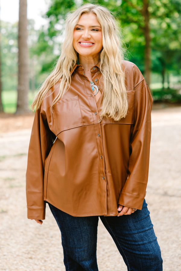 Chic Soul plus size clothing, brown leather long sleeve button up 