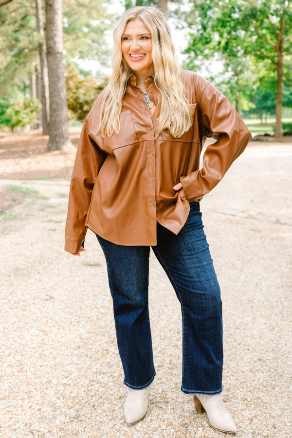 Chic Soul plus size clothing, brown leather long sleeve button up 