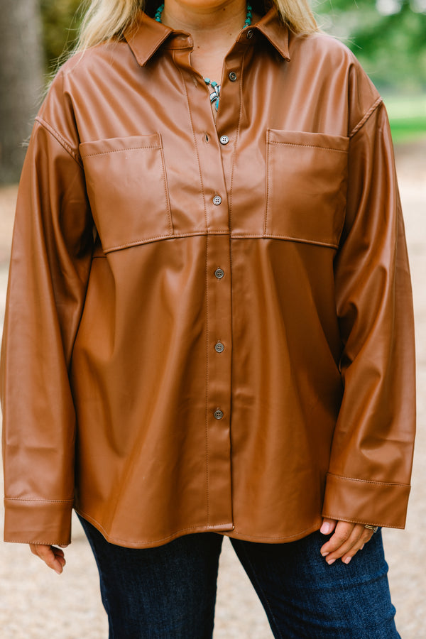 Chic Soul plus size clothing, brown leather long sleeve button up 