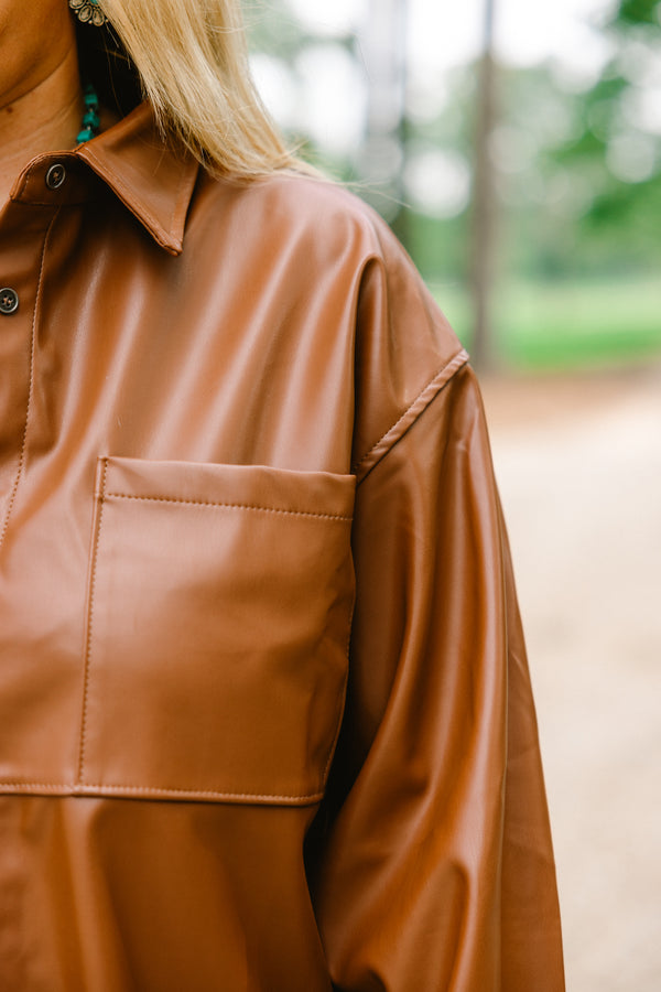 Chic Soul plus size clothing, brown leather long sleeve button up 