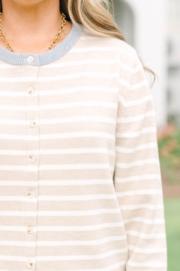 Plus size khaki and white striped cardigan with grey trim, button-front, and soft knit fabric.
