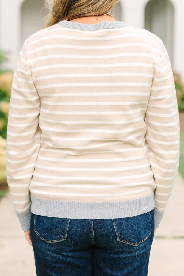 Plus size khaki and white striped cardigan with grey trim, button-front, and soft knit fabric.