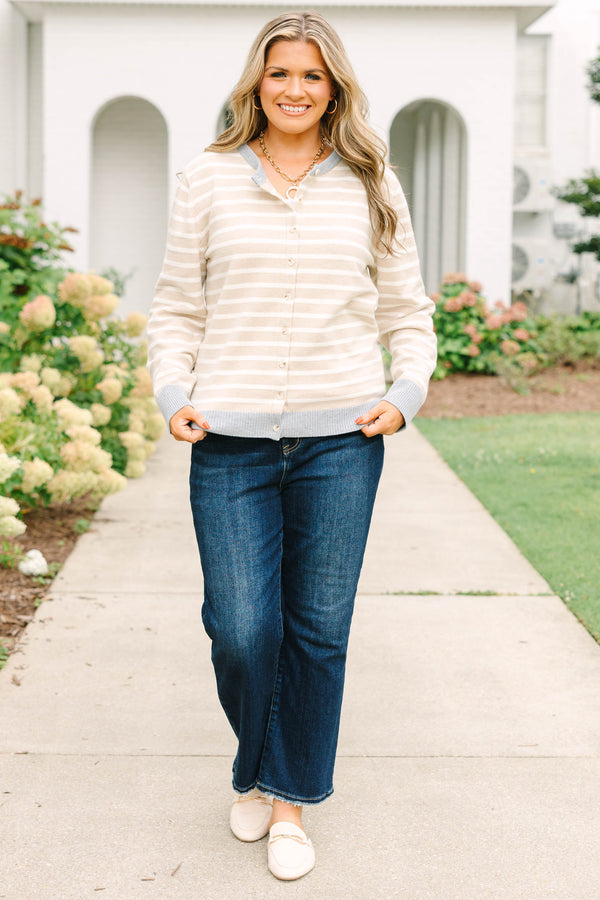 Plus size khaki and white striped cardigan with grey trim, button-front, and soft knit fabric.