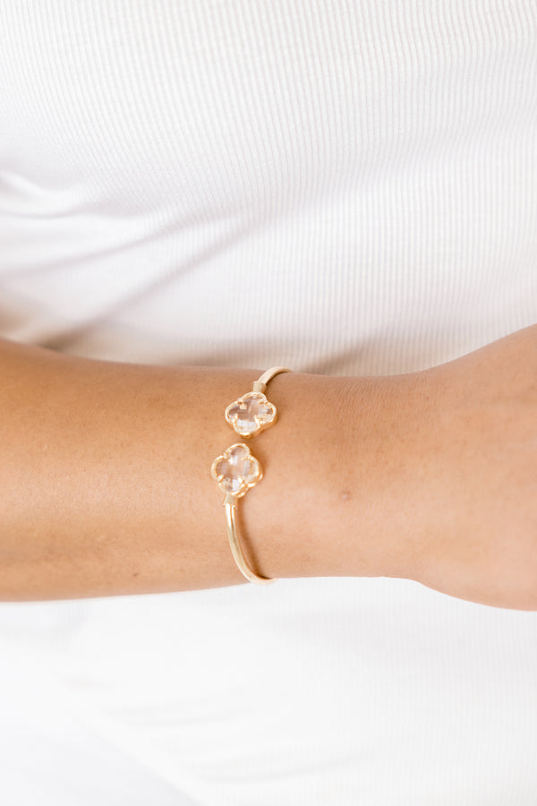 Chic Soul plus size clothing, gold open bangle  with clear clover shaped jewels at  both opening ends of the the bangle 