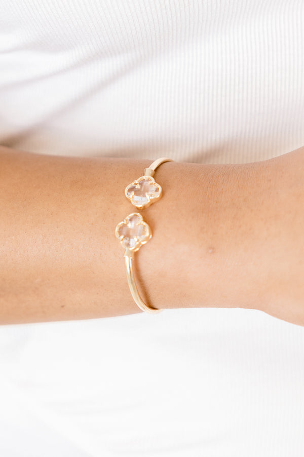 Chic Soul plus size clothing, gold open bangle  with clear clover shaped jewels at  both opening ends of the the bangle 