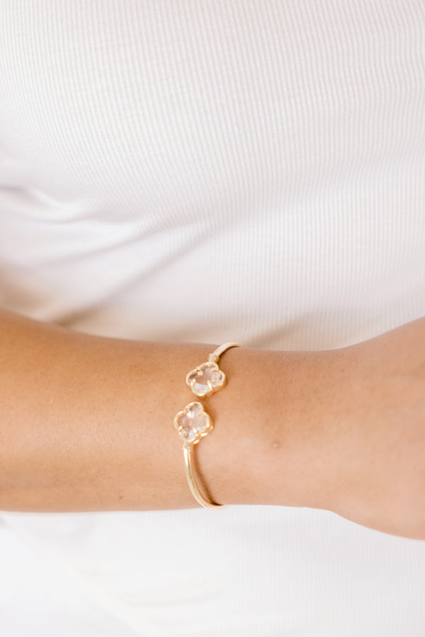 Chic Soul plus size clothing, gold open bangle  with clear clover shaped jewels at  both opening ends of the the bangle 