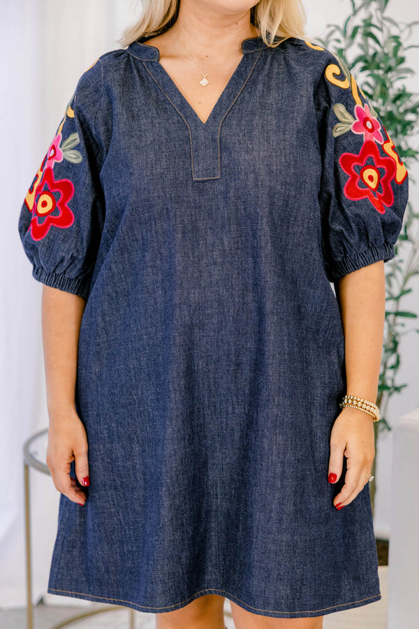 Chic Soul plus size clothing, short denim dress with bubble sleeves and colorful flora designs on each sleeve 