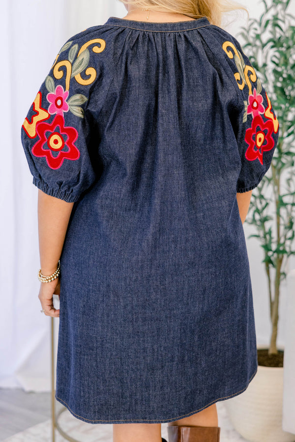 Chic Soul plus size clothing, short denim dress with bubble sleeves and colorful flora designs on each sleeve 