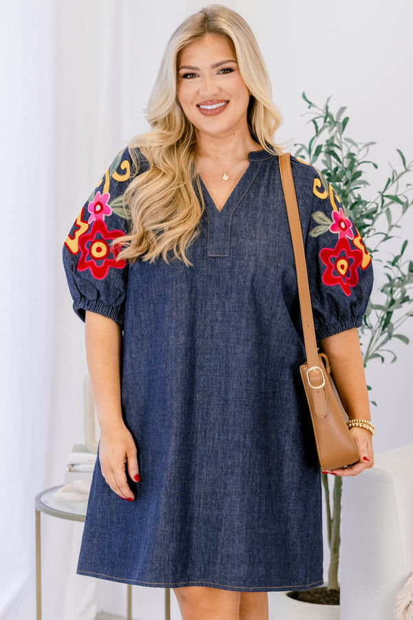 Chic Soul plus size clothing, short denim dress with bubble sleeves and colorful flora designs on each sleeve 