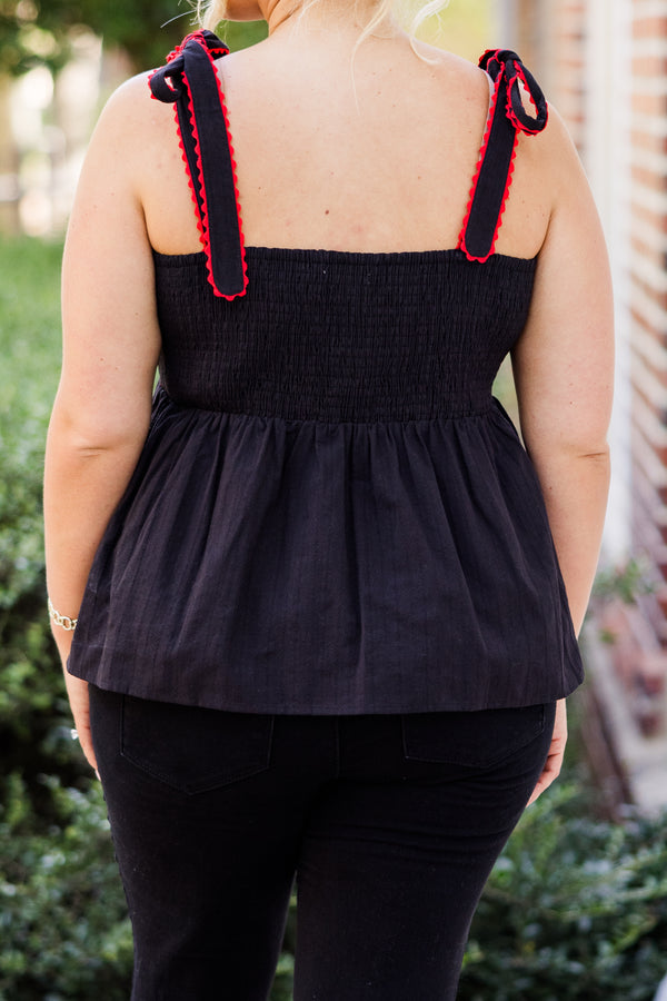 Chic Soul plus size clothing, black thin strap tank top with tie strap detail with square neckline with synched waist and red scalloped detail along top and straps