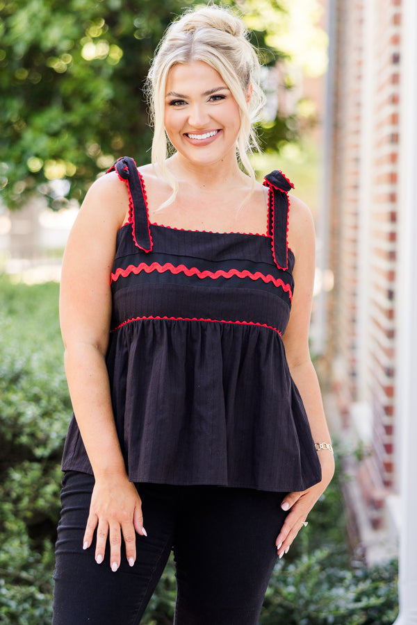 Chic Soul plus size clothing, black thin strap tank top with tie strap detail with square neckline with synched waist and red scalloped detail along top and straps