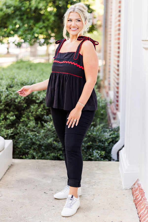 Chic Soul plus size clothing, black thin strap tank top with tie strap detail with square neckline with synched waist and red scalloped detail along top and straps