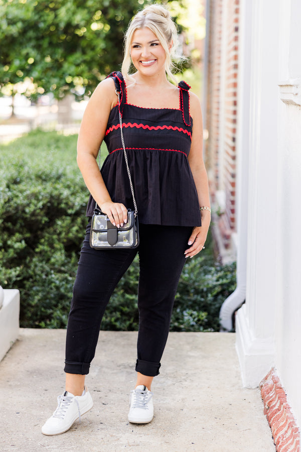 Chic Soul plus size clothing, black thin strap tank top with tie strap detail with square neckline with synched waist and red scalloped detail along top and straps