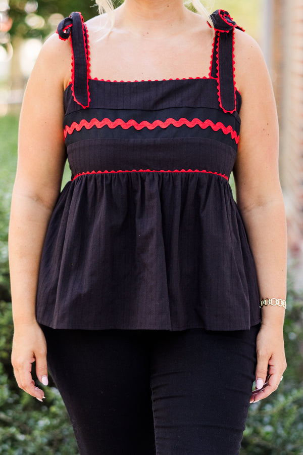 Chic Soul plus size clothing, black thin strap tank top with tie strap detail with square neckline with synched waist and red scalloped detail along top and straps
