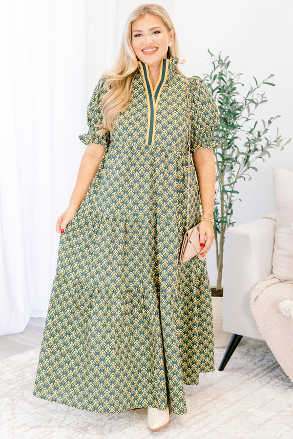 Chic Soul plus size clothing, green floral maxi dress with block print and smocked collar