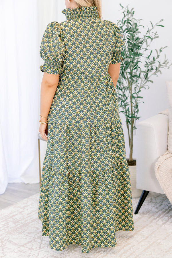 Chic Soul plus size clothing, green floral maxi dress with block print and smocked collar