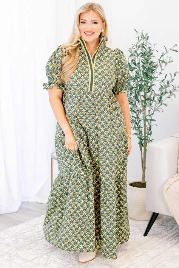 Chic Soul plus size clothing, green floral maxi dress with block print and smocked collar
