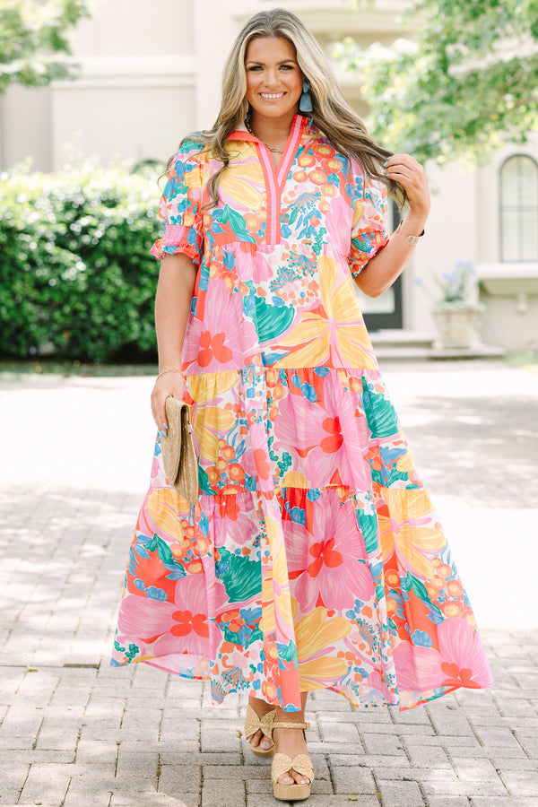 Plus Size fuchsia floral print tiered maxi dress with smocked puff sleeves and a V-neckline.