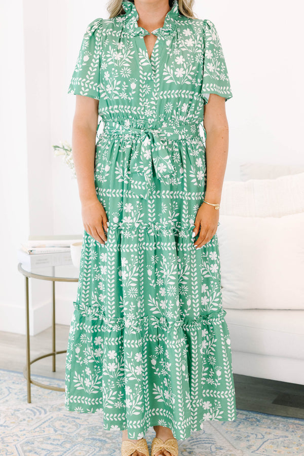 Chic Soul plus size clothing, green flutter sleeve tiered maxi dress with white floral square pattern and ruffle collar plus waist tie