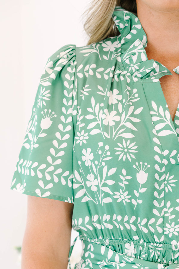 Chic Soul plus size clothing, green flutter sleeve tiered maxi dress with white floral square pattern and ruffle collar plus waist tie